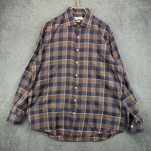 House of Carrington Andrew Mens Large Brown Blue Plaid Button Down Shirt Italy